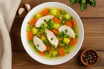 Hearty chicken and vegetable broth served in a bowl on a rustic wooden surface from a top-down perspective