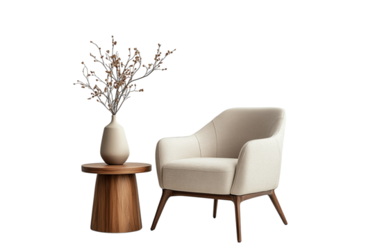 armchair with wooden side table isolated on transparent background