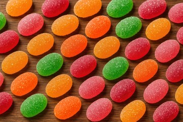 Vibrant, brightly colored confections arranged on a rustic wooden surface