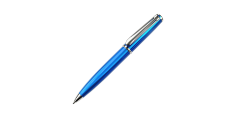 Blue Ballpoint Pen With Silver Clip. Writing Instrument For Office And School Use Isolated On Transparent Background