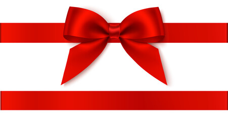 Decorative Christmas red bow with horizontal ribbon isolated on white. Beautiful new year decoration for your design. Vector stock illustration.