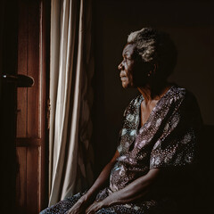 Elderly black woman sitting and looking out the window in thought