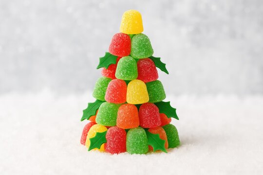 Festive holiday tree crafted from colorful gumdrops