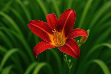 Fototapeta premium Fragile crimson daylily blossom set against leafy foliage