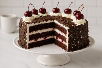 Slice the black forest dessert on a white cake stand