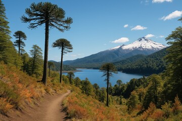 Obraz premium Discovering the wild: scenic trails, historic araucaria trees, serene lakes, and snowy landscapes in a natural sanctuary