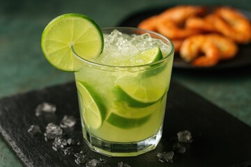 Tasty citrus cocktail with seafood garnish