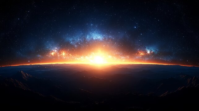 Cosmic Horizon: A breathtaking celestial vista unveils a radiant sunrise, casting an ethereal glow upon the boundless expanse of space.