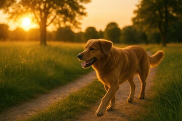 Canine strolling through lush greenery during sunset in summer