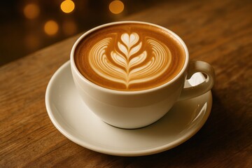 Detailed shot of a steamed milk foam design on a hot coffee cup placed on a rustic wooden surface