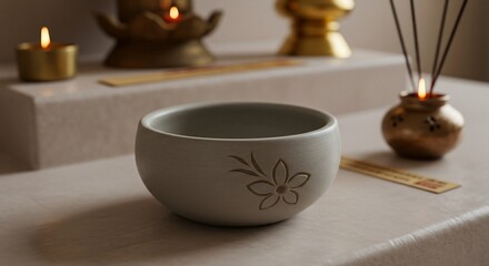 Serene altar scene with ceramic bowl, incense, and flickering candlelight
