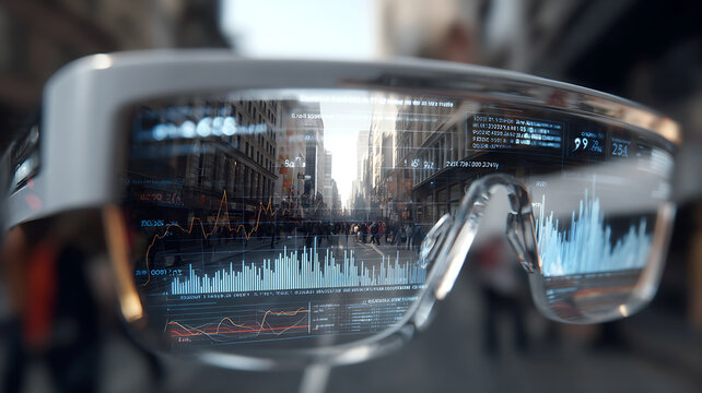Close-up of AR smart glasses showing financial data and stock market charts in city environment