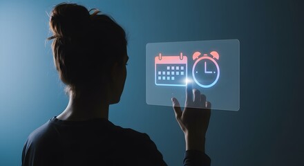 Silhouetted Woman Interacting with Holographic Calendar and Clock Interface