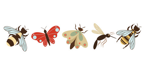 Insects vector set on a white background, moth, butterfly, mosquito bee, wasp insects. Hand drawn insects