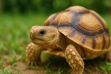 Obraz premium Detailed view of a Sulcata tortoise's head in a lush garden
