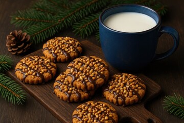 Sweet nut cookies paired with a glazed finish and a blue milk cup