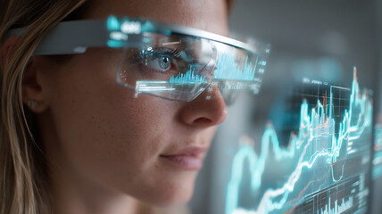 Woman using augmented reality smart glasses with holographic data interface and futuristic charts
