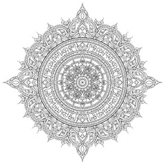 An intricate black and white line art mandala featuring traditional Thai floral and ornate patterns.