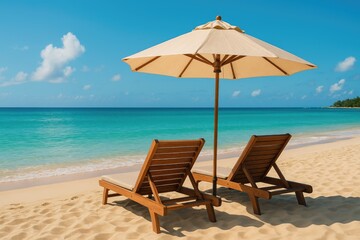 Obraz premium Relaxing on a sunny beach with sun loungers, umbrellas, and a parasol in a tropical paradise setting for a perfect holiday.