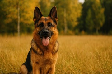 A German Shepherd dog exploring a grassy field during fall