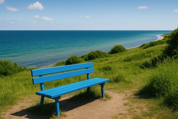 Detailed shot of a vibrant blue outdoor bench