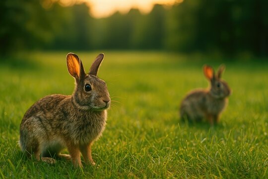 Wild cottontail rabbit grazing during sunset in a meadow