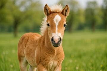 Adorable young Haflinger pony foal with a blond chestnut coat, standing attentively in a grassy field, portrait
