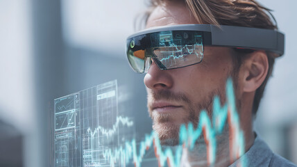 Businessman wearing AR smart glasses analyzing holographic stock charts and financial data UI
