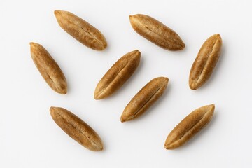 Obraz premium Seeds of dried date palm fruits displayed on a plain white backdrop