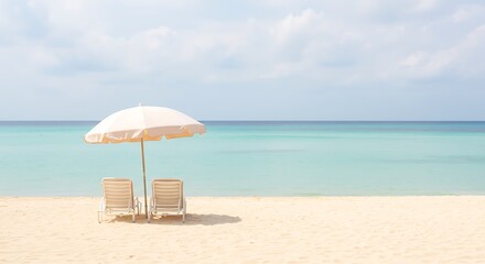 Serene Beach Scene Two Lounge Chairs Under a Parasol on Pristine Sand