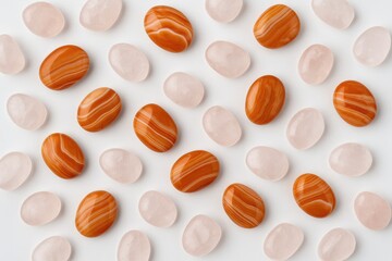 Obraz premium Close-up of smooth pebbles and stones from natural gemstones on a white background, top-down perspective. Square layout featuring sardonyx and quartz, minimalistic design with summer-inspired pattern