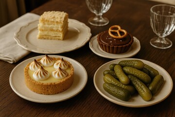 Salty treats and pickled cucumbers are arranged on the dining table