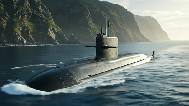 Submarine surfaces near the coast cutting through ocean