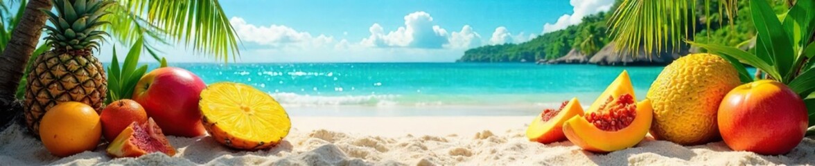 Vibrant tropical beach scene overflowing with ripe, colorful fruits; mangoes, pineapples, papayas, and more scattered on the sand near turquoise water , vacation, waves, beach scene