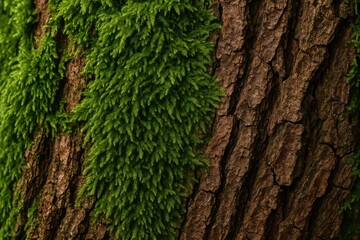 Detailed shot of vibrant green moss thriving on tree bark with a rugged brown surface