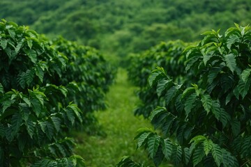 Photographic capture of a coffee plantation set against a lush green backdrop