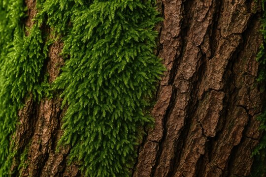 Detailed shot of vibrant green moss thriving on tree bark with a rugged brown surface - Powered by Adobe