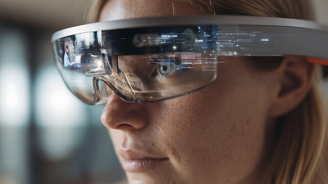 Woman using augmented reality smart glasses with holographic data interface and futuristic charts
