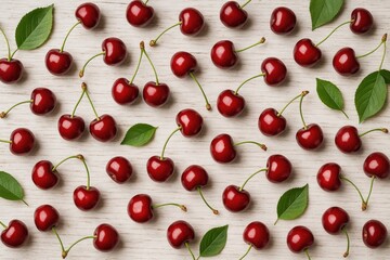 Creative backdrop featuring cherries on rustic wooden surface