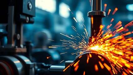 Close-up of industrial machinery with glowing sparks and dynamic orange-blue workshop lighting.