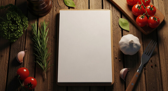 Fresh Ingredients & Blank Recipe Board on Rustic Wood Table. Culinary Background for Menu or Text.