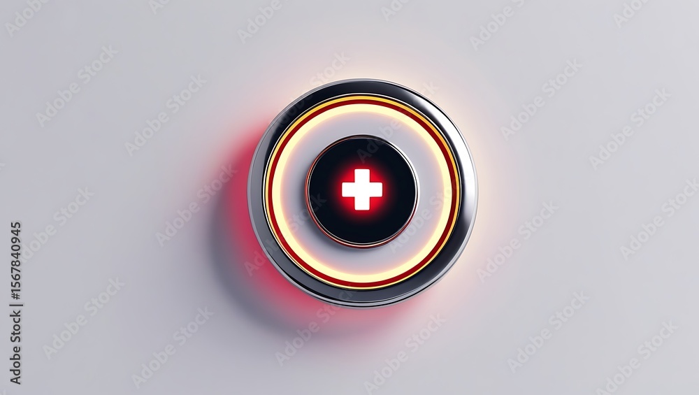 Fototapete abstract button shines with vibrant red cross and orange ring glowing on a white surface for futuris