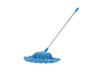 A blue string mop with a silver handle isolated on transparent background