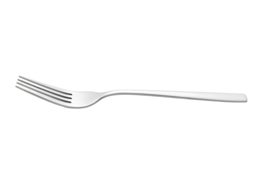 A single shiny metal fork with four tines isolated on transparent background