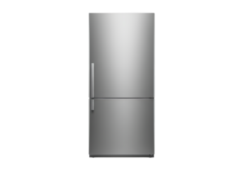 Modern stainless steel refrigerator with top freezer isolated on transparent background