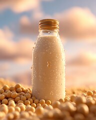 Fresh milk bottle with condensation droplets.