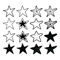Fototapeta premium Sixteen Black and White Hand Drawn Star Icons Set Simple Line Art Graphic Design Elements