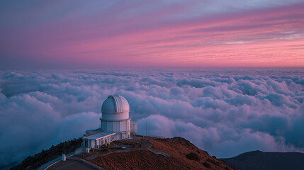Obraz premium Stunning mountaintop observatory with colorful clouds at sunset in a tranquil sky above