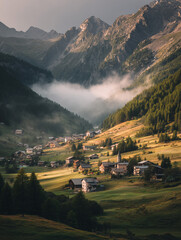 Small village nestled between mountains and rolling hills in the early morning light with mist enveloping the valley below