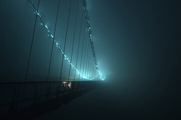 Suspension bridge shrouded in dense fog highlighting illuminated cables during night